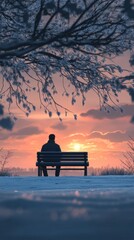 Man sitting on bench watching sunset through