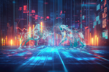 Fototapeta premium Digital Bull and Bear Market Battle