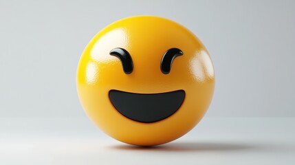 Fototapeta premium Bright Yellow Smiling Emoji Face on Minimalist White Background, 3D Rendered Happy Expression