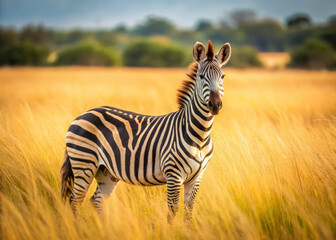 Fototapeta premium zebra stands gracefully in tall golden grass, showcasing its striking black and white stripes against serene natural backdrop. scene evokes sense of tranquility and beauty in wild