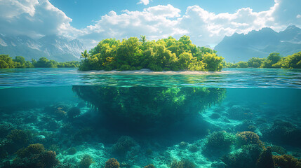 tropical island paradise with underwater coral reef and lush green foliage - stock photo