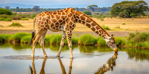 Obraz premium majestic giraffe gracefully drinks from serene pond, surrounded by lush greenery and vast savanna landscape. tranquil scene captures beauty of wildlife in its natural habitat