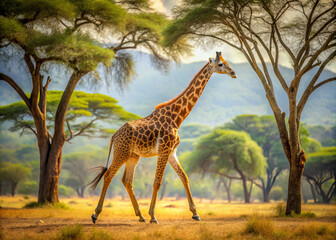 Obraz premium Majestic giraffe walking beneath tall trees in serene landscape, showcasing its graceful stature and unique patterns. warm light enhances beauty of this tranquil scene