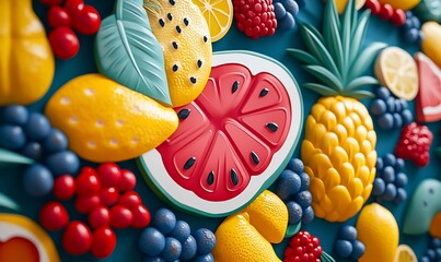 A vibrant arrangement of colorful fruit slices and leaves on a blue background.