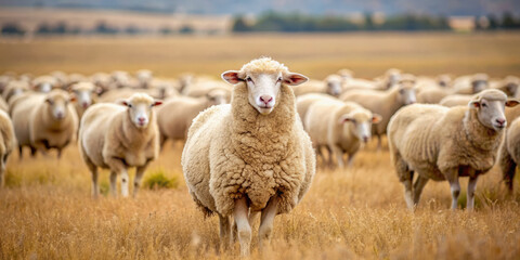 Fototapeta premium flock of sheep grazes peacefully in vast open plain, showcasing their fluffy wool and serene demeanor. landscape is tranquil, highlighting beauty of nature