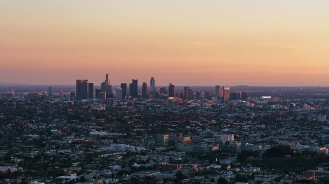 Los Angeles Downtown Sunset to Night Cityscape Time Lapse Tilt Down California USA