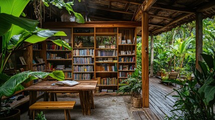 Fototapeta premium A cozy library surrounded by lush greenery, featuring wooden shelves filled with books and a rustic table for reading and inspiration.