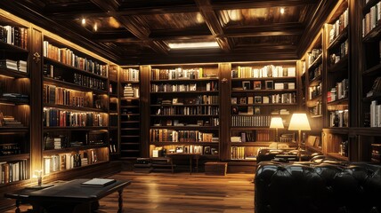A cozy study with wooden shelves filled with books, soft lighting, and comfortable furniture, perfect for reading and relaxation.