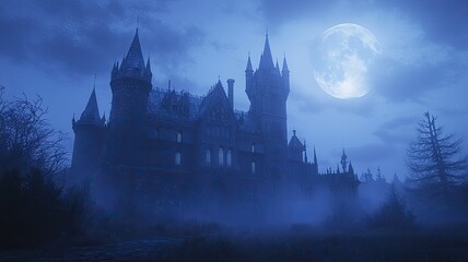 Naklejka premium A dark, mysterious castle under a full moon, surrounded by fog. Perfect for evoking a sense of intrigue and gothic beauty.