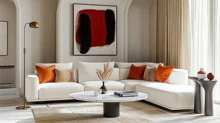 Modern luxurious living room, minimalist design, white sectional sofa, orange accent pillows, round marble coffee table, abstract red and black artwork, arched doorway, floor lamp, beige curtains, neu