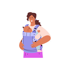 Mother gently supports baby in ergo baby carrier.