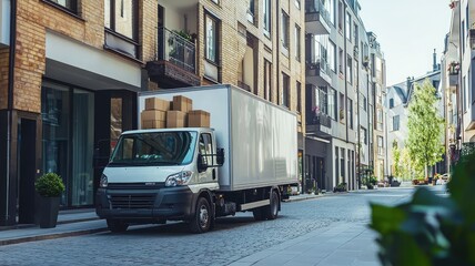 Obraz premium A delivery truck parked on a quiet urban street, surrounded by modern buildings and greenery, ready for unloading boxes.