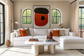 Modern luxurious living room, minimalist design, white sectional sofa, orange accent pillows, round marble coffee table, abstract red and black artwork, arched doorway, floor lamp, beige curtains, neu