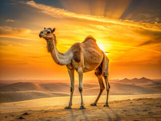 majestic camel stands gracefully in golden light of sunset, showcasing its elegant silhouette against stunning desert landscape. warm hues of sky create serene atmosphere