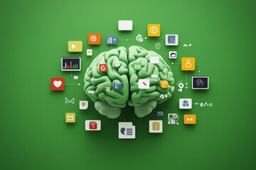 3D brain surrounded by digital icons on green background symbolizing internet usage and cognitive overload.