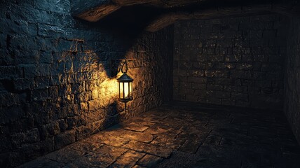 A dimly lit stone room featuring a vintage lantern casting warm light, evoking mystery and historical ambiance.