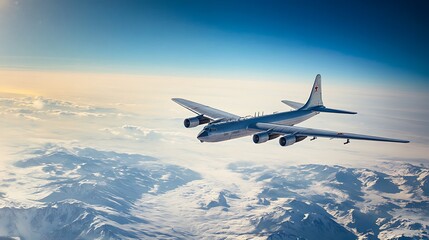 Soviet Tupolev Tu-95 'Bear' Bomber Flying Over Snowy Mountains