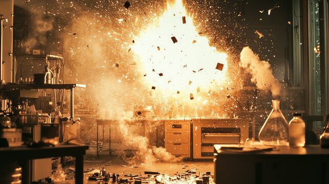 A dramatic explosion in a lab creating chaos with flying debris and smoke, showcasing the hazards of scientific experimentation.
