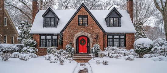 A red door on a brick house with snow covered yard and trees.