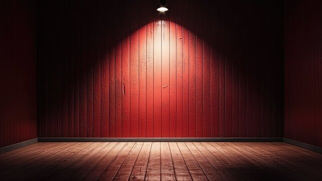 A dramatic red wooden room with focused lighting, creating a warm and inviting atmosphere for various artistic uses.