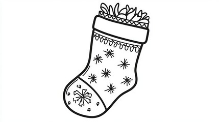 A white sock with snowflakes on it. The snowflakes are scattered all over the sock, giving it a festive and cheerful appearance