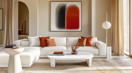 Modern luxurious living room, minimalist design, white sectional sofa, orange accent pillows, round marble coffee table, abstract red and black artwork, arched doorway, floor lamp, beige curtains, neu