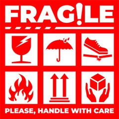Vector Fargile Warning Red Sticker. This Way Up. Keep Dry. Handle With Care. Do Not Trample. Flammable