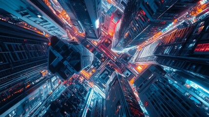 Obraz premium Futuristic Cityscape with Neon Lights and Skyscrapers at Night - Aerial View of Modern Urban Architecture
