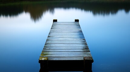 Naklejka premium A wooden pier extends out into a still, blue lake, creating a sense of peace and tranquility.