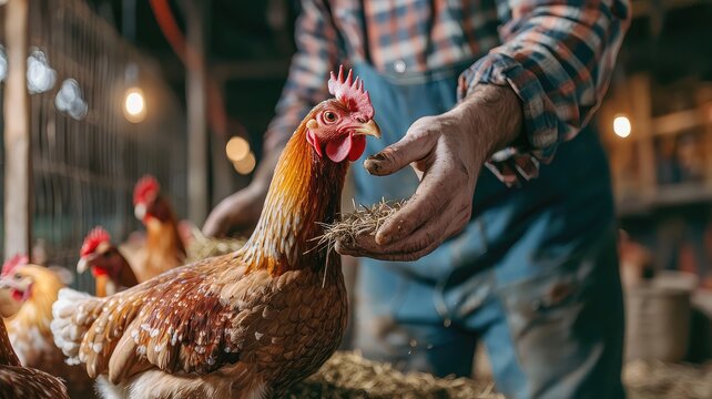 A farmer feeding a chicken in a rustic barn setting, showcasing the connection between agriculture and animal care.