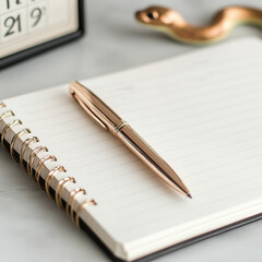clean modern image of a notebook open to a blank page A pen is placed beside the notebook ready to write