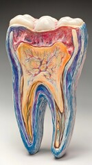 Capture a detailed and realistic image of a human tooth, showcasing its anatomy with labeled sections including enamel, dentin, pulp, and root, presented against a clean background 