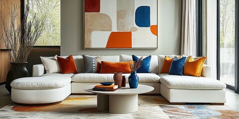 Modern living room, abstract geometric art, white sofa, colorful throw pillows, neutral walls, round coffee tables, contemporary interior design, warm color palette, orange and blue accents, minimalis