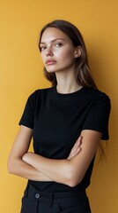 Obraz premium Confident Woman in Black T-Shirt Mockup Against a Vibrant Yellow Background. AI Generated