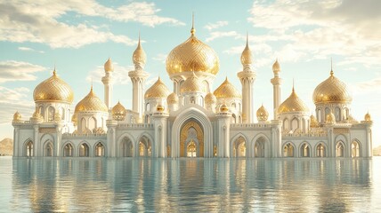 Obraz premium A grand white mosque with golden domes reflects in calm water under a blue sky with fluffy clouds.