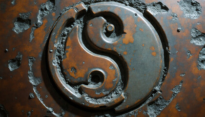 Yin Yang emblem in rusted metal set against a textured background