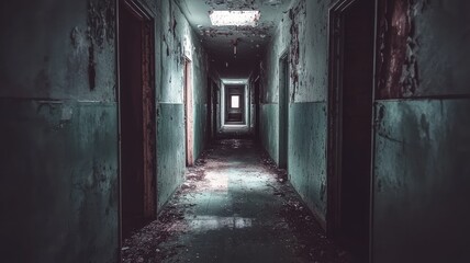 A haunting corridor in an abandoned building, showcasing peeling paint and eerie shadows, creating a chilling atmosphere.