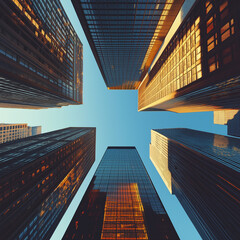 Looking up at high rise office building architecture against blue sky in the financial district of a modern metropolis, business and finance concept.