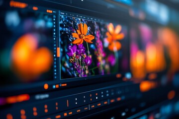 Close-up of a computer screen displaying a photo editing interface with a vibrant image of orange and purple flowers.