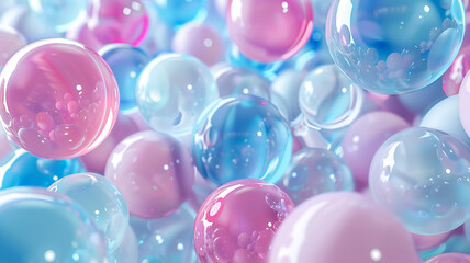 Colorful translucent bubbles float playfully in a serene pastel-hued setting