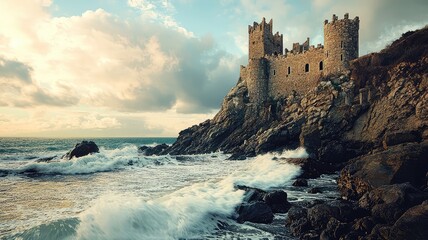 A majestic castle perched on rocky cliffs, overlooking turbulent ocean waves under a dramatic sky.