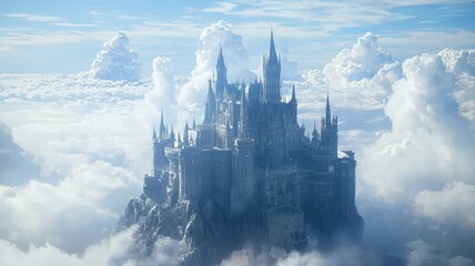 Fototapeta premium A majestic castle rises above the clouds, surrounded by soft, fluffy clouds against a serene blue sky, evoking fantasy and wonder.