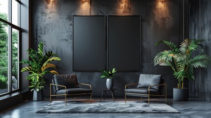 Dark chill interior with two armchairs and minimalist art decoration, carpet on grey concrete floor. Relax place with mockup canvas poster. 3D rendering 