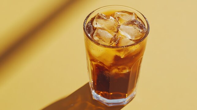 A cold brew coffee served in a glass tumbler filled with ice creating a refreshing and energizing drink concept