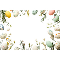 A white background with a bunch of colorful eggs scattered around it. The eggs are of different sizes and colors, and they are surrounded by flowers. Concept of springtime and new beginnings
