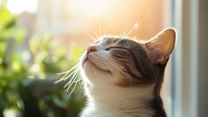 A serene cat basking in sunlight, eyes closed in blissful contentment.