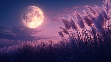 Full moon and Japanese pampas grass in midnight,The harvest Miscanthus sinensis and full moon,beautiful night sky in the countryside with the perfect moon exudes beauty in the dark.