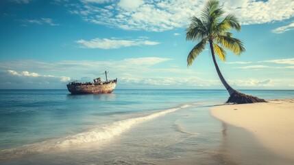 Obraz premium Lonely island scene with a shipwreck washed ashore surrounded by untouched nature as waves softly hit the sandy beach and a palm tree stands tall