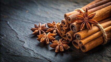 Cinnamon Sticks and Star Anise, Aromatic Duo on Dark Background