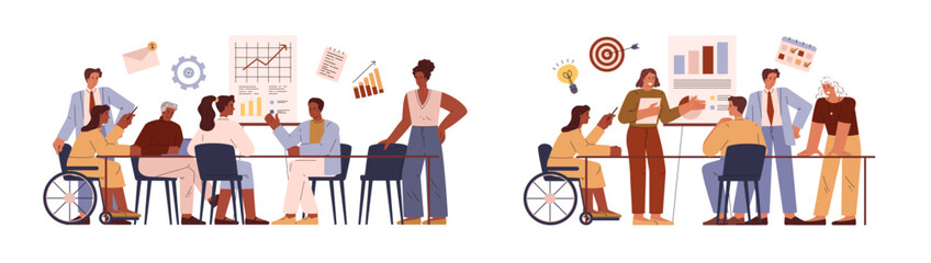 Business meeting in the office, disabled employee in wheelchair engaged in corporate conversation, teamwork vector set